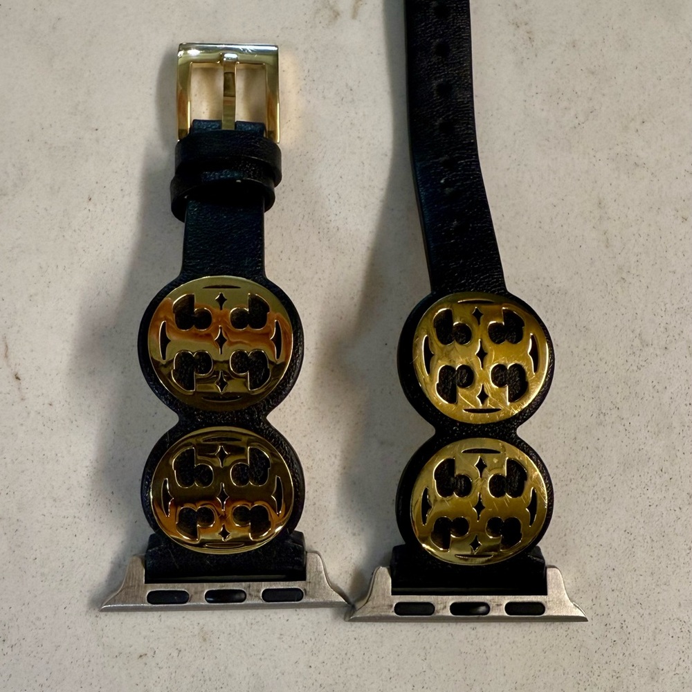 Tory Burch Black leather and Apple Watch Band with Gold Logo